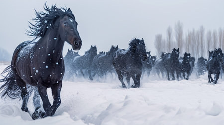 Beautiful black friesian stallion galloping in the snow in winterの素材
