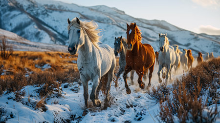 Beautiful Icelandic horses running on snow in the mountains. Winter landscapeの素材