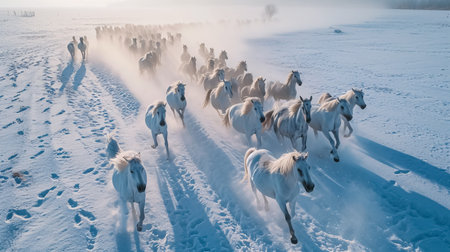 Horses running on the snow in the winter in the morning.の素材