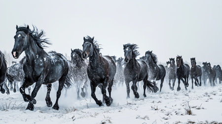 Herd of black horses running in snow in winter. Horizontalの素材