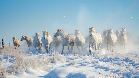 Herd of horses running in the snow in a sunny winter dayの素材