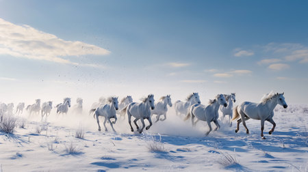 White horses run gallop in the snow in winter. 3d renderingの素材
