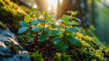 Close up of young green plants growing on moss in forest at sunset