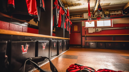 Interior view of a locker room at a sports club with red and black sports equipment. A sports club locker room prepared before the competition.の素材