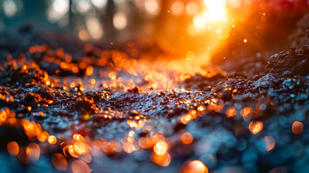 Close-up of coal burning in the forest. Abstract background.の素材