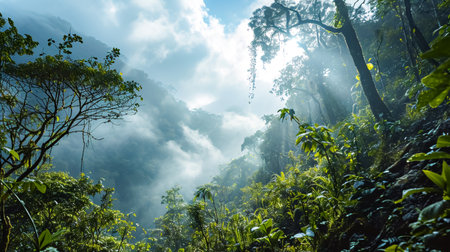 Beautiful tropical rainforest with fog and sunlight. Nature background.の素材