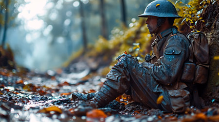 Soldier sitting in the forest and looking at the falling leaves.の素材