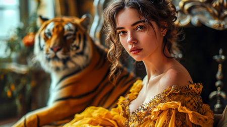 Portrait of a beautiful young woman in a luxurious dress with a tiger.の素材