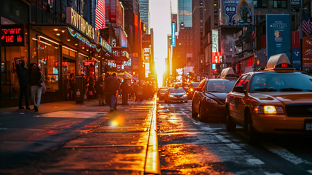 Cars on the road at night in New York City, USA. View of Times Square. Manhattan street view at sunset.の素材