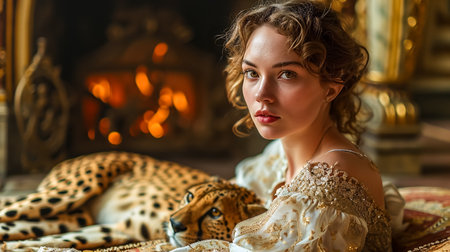 Beautiful young woman in a medieval era dress with a cheetah on the background of the fireplaceの素材