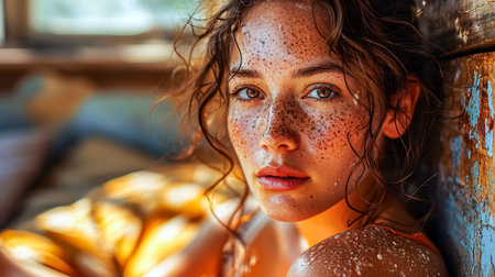 Close-up portrait of beautiful young woman with wet hair and freckles.の素材