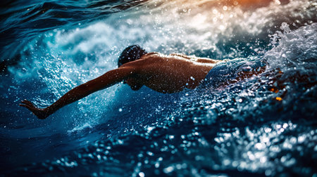 Young woman swimming in the ocean at sunset. Water sports concept.の素材