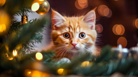 Cute ginger kitten on Christmas tree background with bokeh lightsの素材
