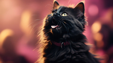 Cute black cat on bokeh background, close-upの素材