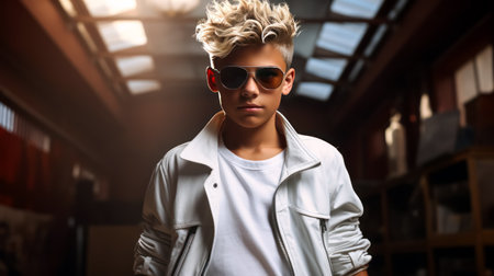 Portrait of a handsome young man with blond hair in a white jacket and sunglassesの素材
