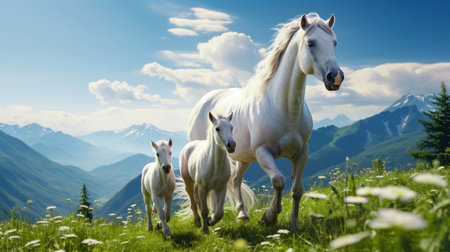 Beautiful white horses with foal on green meadow in mountainsの素材