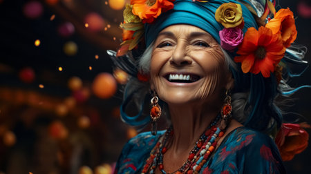 Portrait of a happy elderly woman with flowers in her hair.の素材