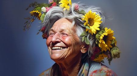 Portrait of a smiling senior woman with a wreath of flowersの素材