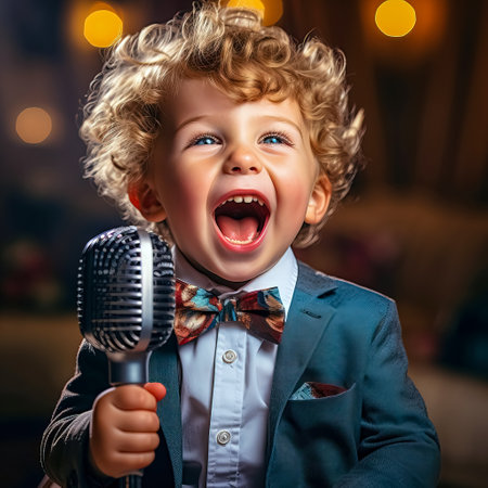 Portrait of a cute little boy in a suit and bow tie with a microphone.の素材
