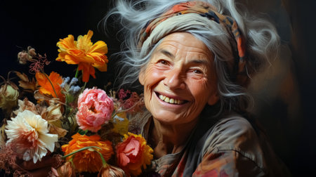 Portrait of a smiling senior woman with a bouquet of flowersの素材