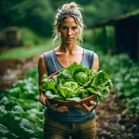Woman holding a bowl of cabbage in her hands. Selective focus.の素材