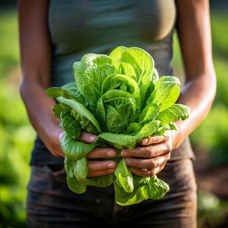 Close-up of a young woman holding fresh lettuce in her handsの素材