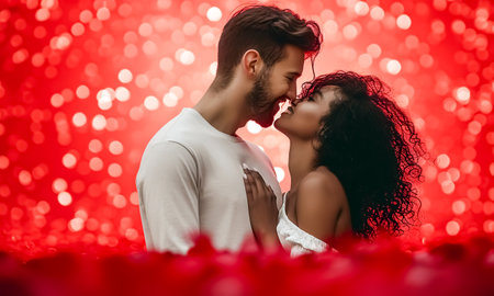 side view of african american woman kissing boyfriend on red bokeh backgroundの素材