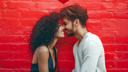 Young couple in love on the background of a red brick wall.の素材