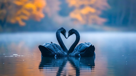 Two swans in love on the lake. Valentine's day concept. The swans face each other and form a heart shape in a lake on a foggy winter morning. Romantic scene.の素材