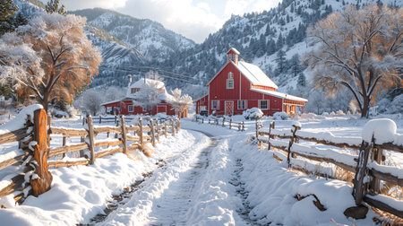 Old red wooden farm house with snow in the mountains. Winter landscape.の素材