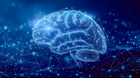 3d rendering of a digital human brain with low poly connection lines on blue background.の素材