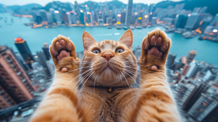 A funny ginger cat on top of a skyscraper posing for a selfie.の素材