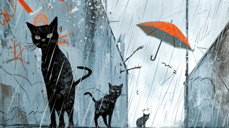 Cats under the rain in the city. Conceptual illustration.の素材