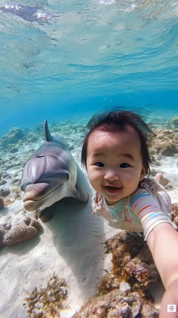 Asian baby girl playing with a dolphin in the sea, underwater shotの素材