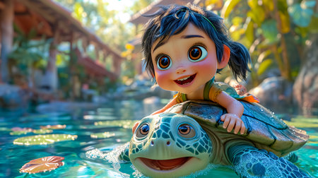 Cute little girl in the swimming pool with a turtle toy.の素材