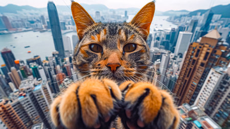 A funny ginger cat on top of a skyscraper posing for a selfie.の素材