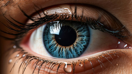 Close-up of a beautiful blue female eye with water drops.の素材
