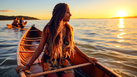 Beautiful young woman paddling a canoe on a lake at sunsetの素材