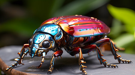 Realistic beetle figurine on the wood with reflection. A realistic looking beetle robot made of precious metals. Close-up. Macro.の素材