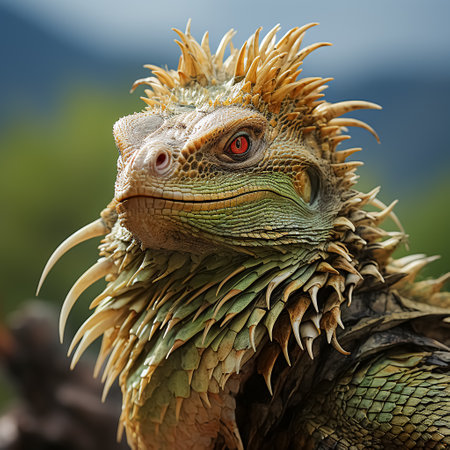 Portrait of a green iguana on a background of mountains.の素材