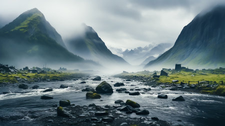Foggy mountain landscape with a small village in the foreground.の素材