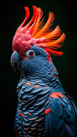 Portrait of a red-crested cockatoo on a black backgroundの素材