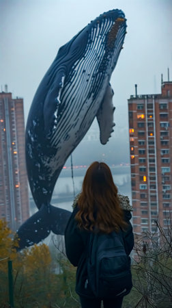 A young woman looks at a whale in the middle of the city.の素材