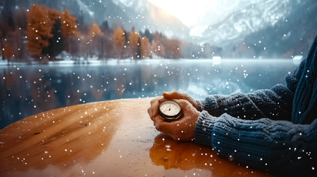 Female hands holding a pocket watch on the background of winter landscape.の素材