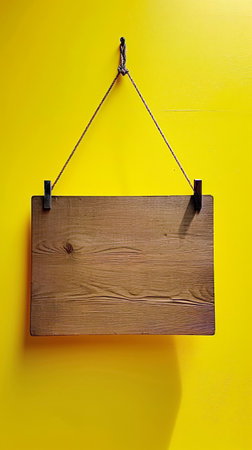 Wooden signboard hanging on yellow wall with copyspace.の素材