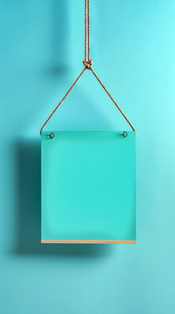 Blank signboard hanging on hook on turquoise wall.の素材