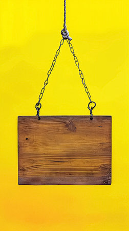 Wooden signboard hanging on a chain on a yellow background.の素材