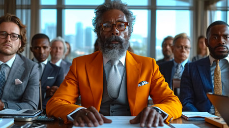 Portrait of senior African-American businessman in orange suit and eyeglasses sitting at table in modern office, looking at camera.の素材