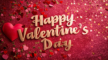 Valentine's day background with red hearts on red background.の素材