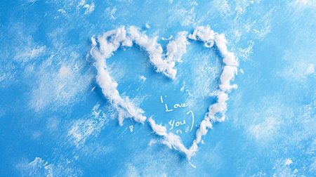 Heart shape made of clouds on blue sky background with text love youの素材